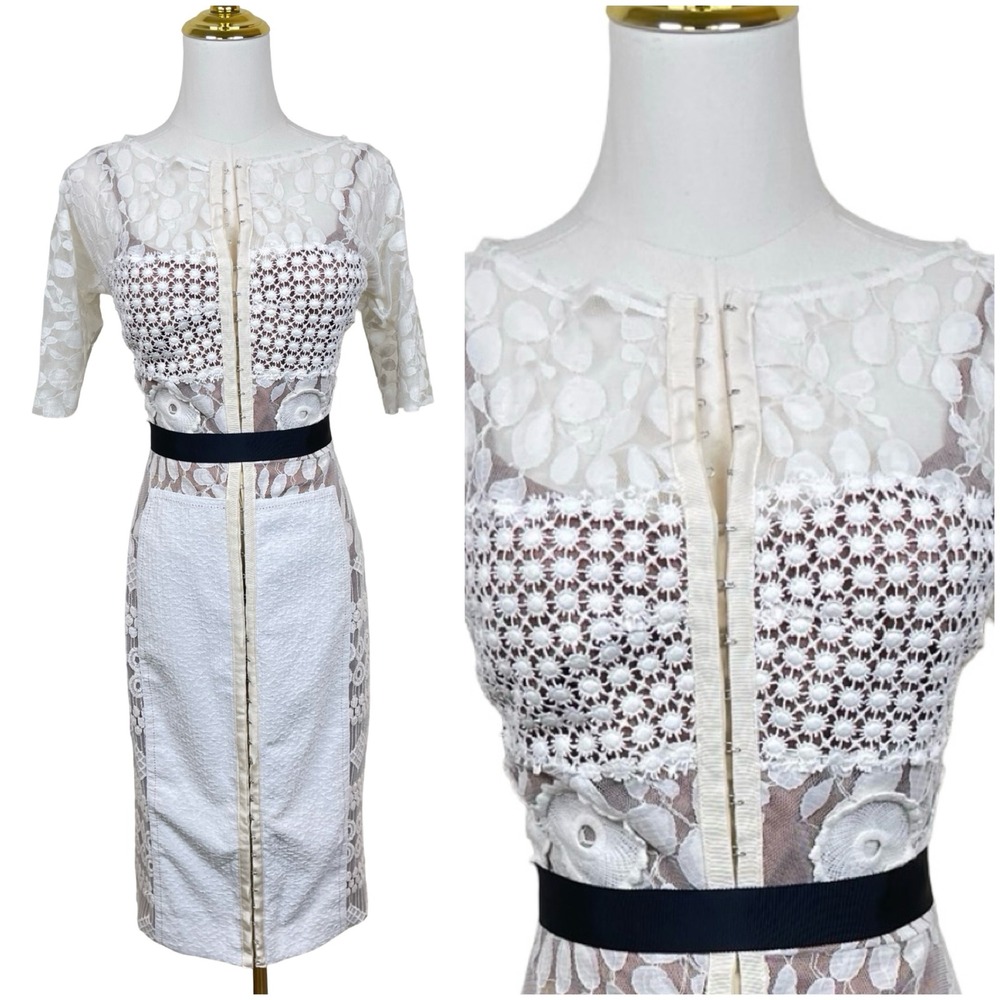 Beguile by Byron Lars Charissma Lace Sheer Mixed Media Dress Women 4 White Belt